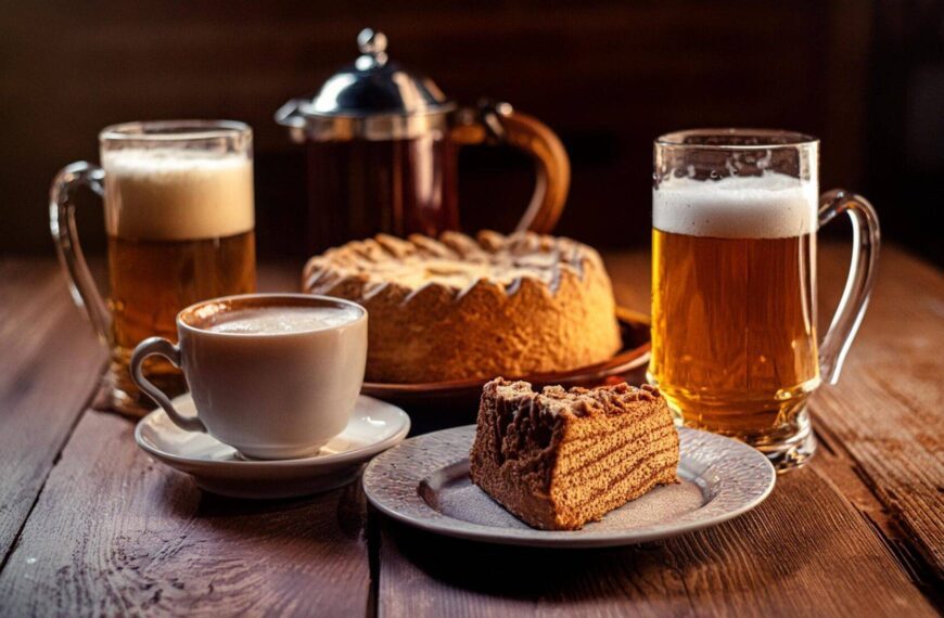 Holztisch mit einem Teller Kuchen und eine Tasse Kaffee, dazu ein frisch gezapftes Bier