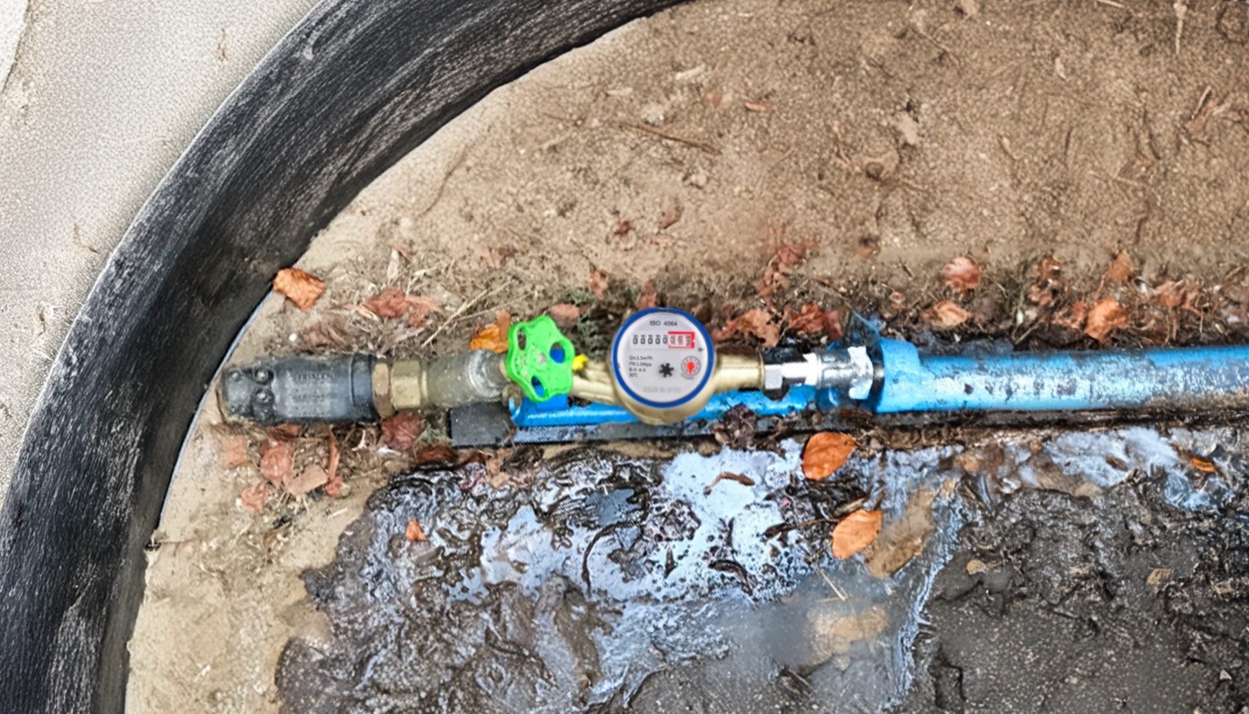 Blick in einen dreckigen Schacht. Wasseruhr mit Absperrhahn